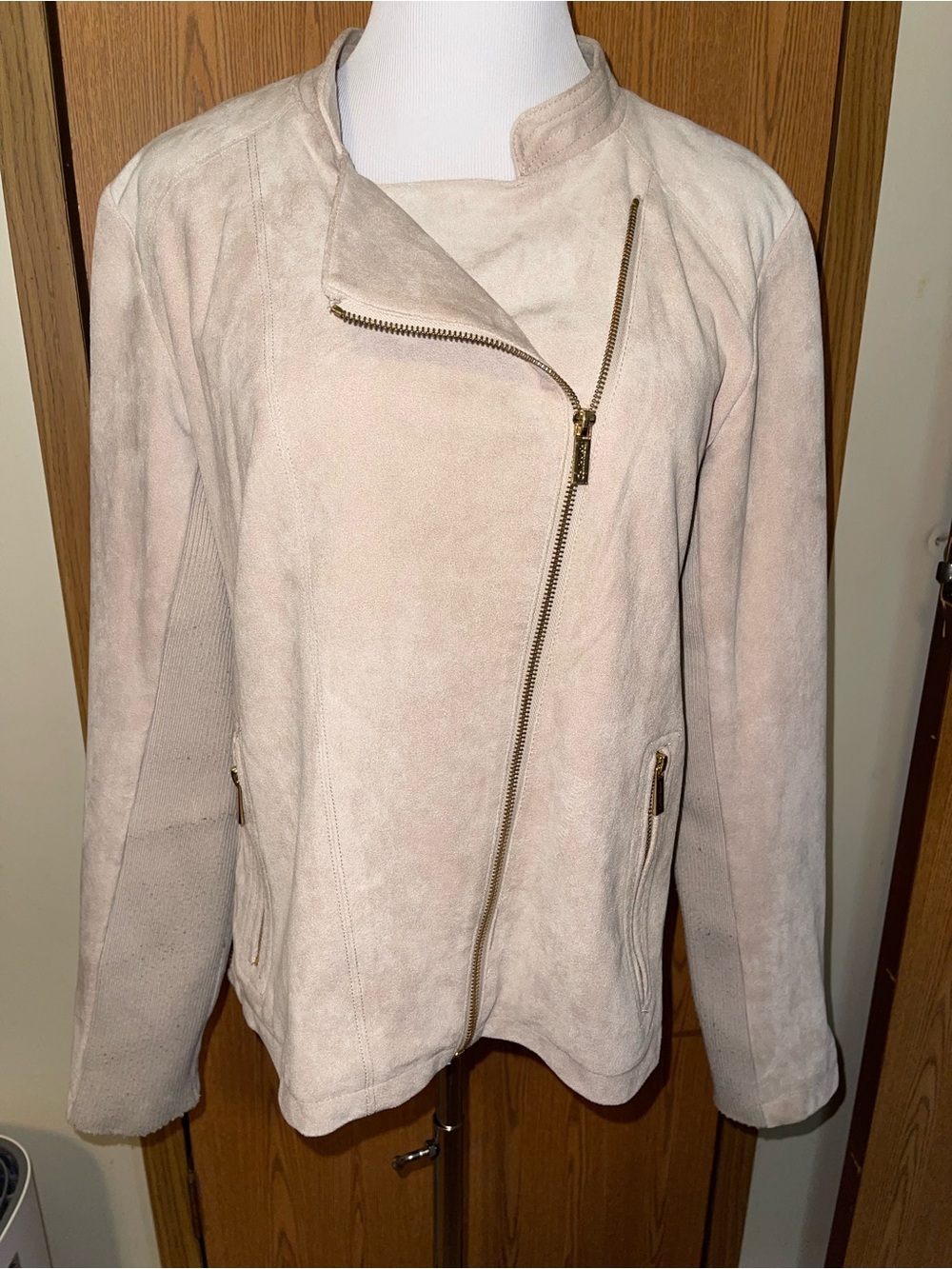 Calvin Klein Light Beige Faux Suede Asymmetrical Zip Jacket